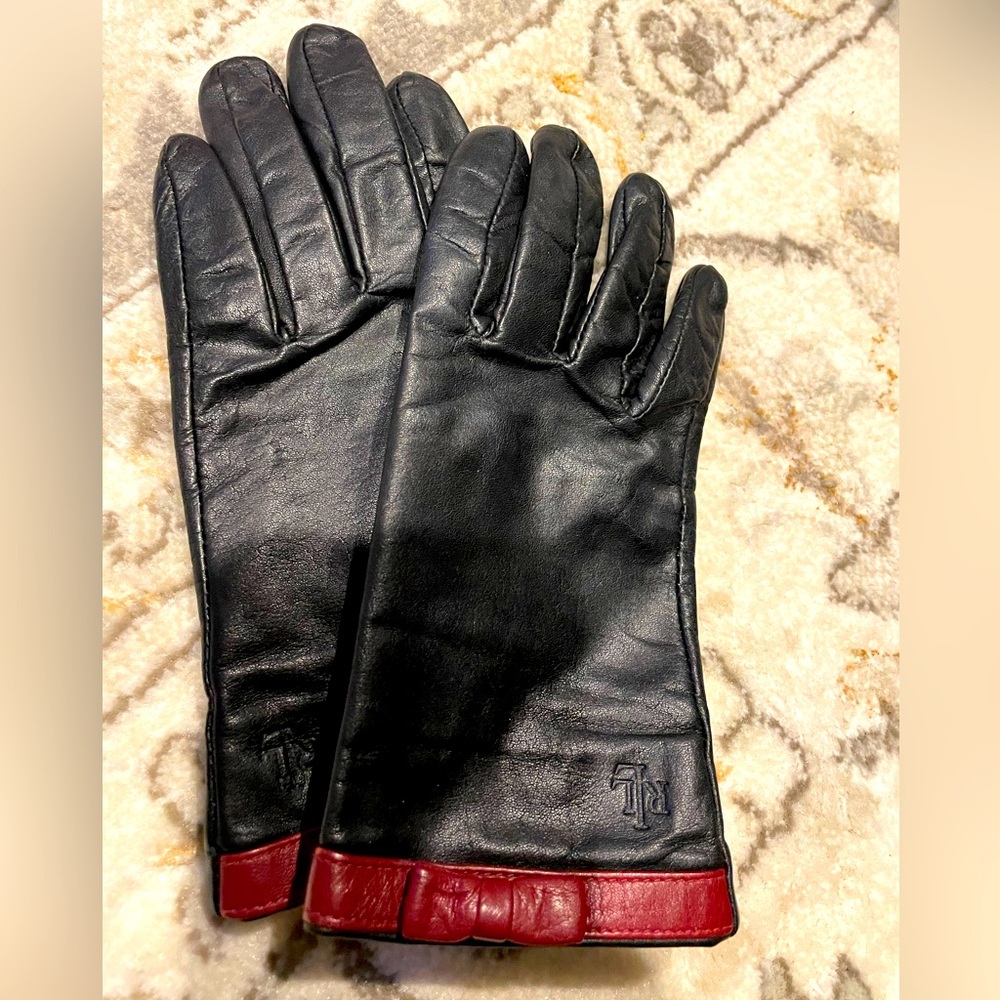 Lauren Ralph Lauren black leather gloves with red detail